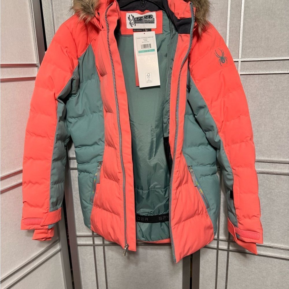 Girls Spyder Coral and olive green Puffer Jacket with Fur trim  Hood